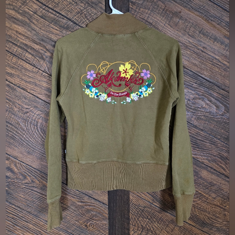 RARE Akademiks Women's Olive Bomber Jacket Streetwear Embroidered Floral Y2K